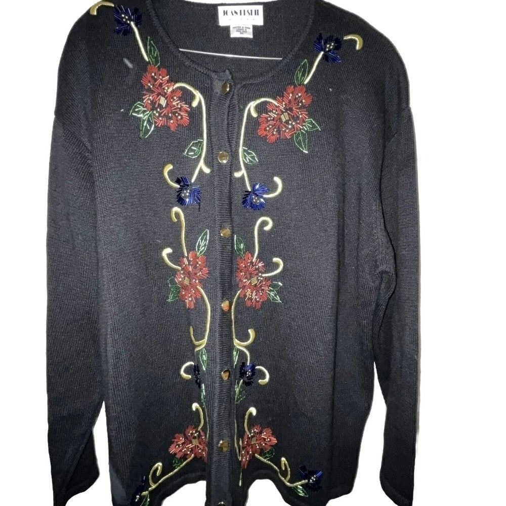 VTG Joan Leslie Sz 3X Christmas Cardigan Black Colorful Beads Embroidered